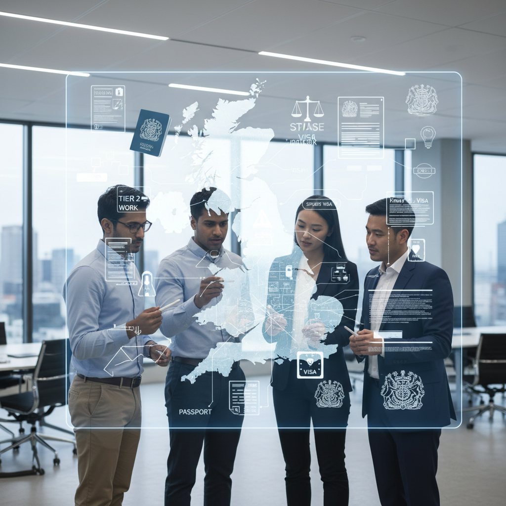 A diverse group of people from different backgrounds looking at a digital map of the UK with various visa types and legal documents overlaid, symbolizing the complexity of UK immigration. The scene is bright and professional, with a modern office setting in the background. Photorealistic style.