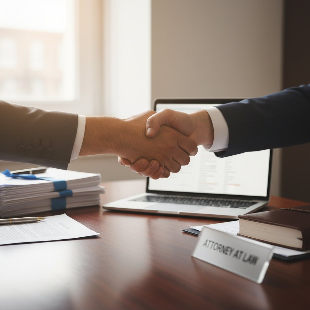 A close-up, photorealistic image of two hands shaking across a polished desk, with legal documents and a laptop in the background, symbolizing a successful initial meeting between an expat and their immigration lawyer. The atmosphere is one of trust and professionalism.