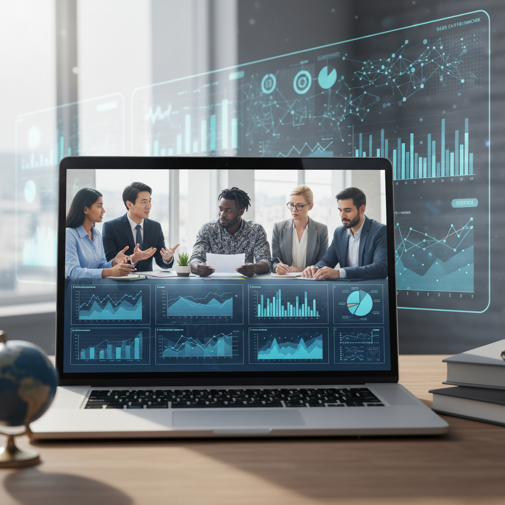 A diverse group of business professionals from different countries collaborating virtually on a laptop screen, with charts and graphs in the background, showcasing global teamwork and data management. Photorealistic.
