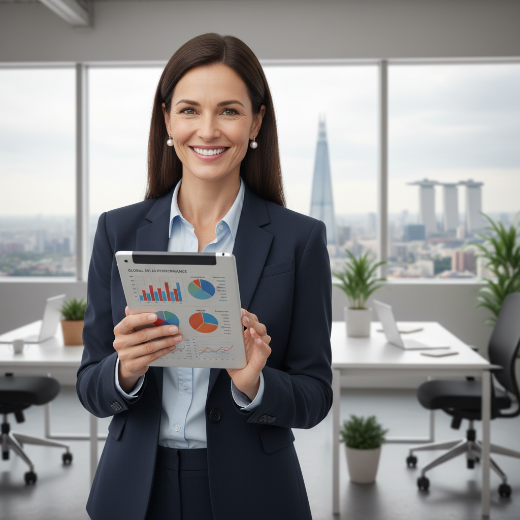 A successful UK expat business owner smiling confidently while looking at a dashboard on a tablet, with a modern, bright office setting and a subtle hint of international city skylines in the blurred background. Photorealistic.