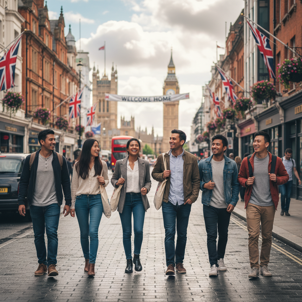 A diverse group of smiling expats happily walking down a vibrant street in London, with iconic UK landmarks in the background, symbolizing a smooth transition to life in the UK and a sense of well-being. Photorealistic.