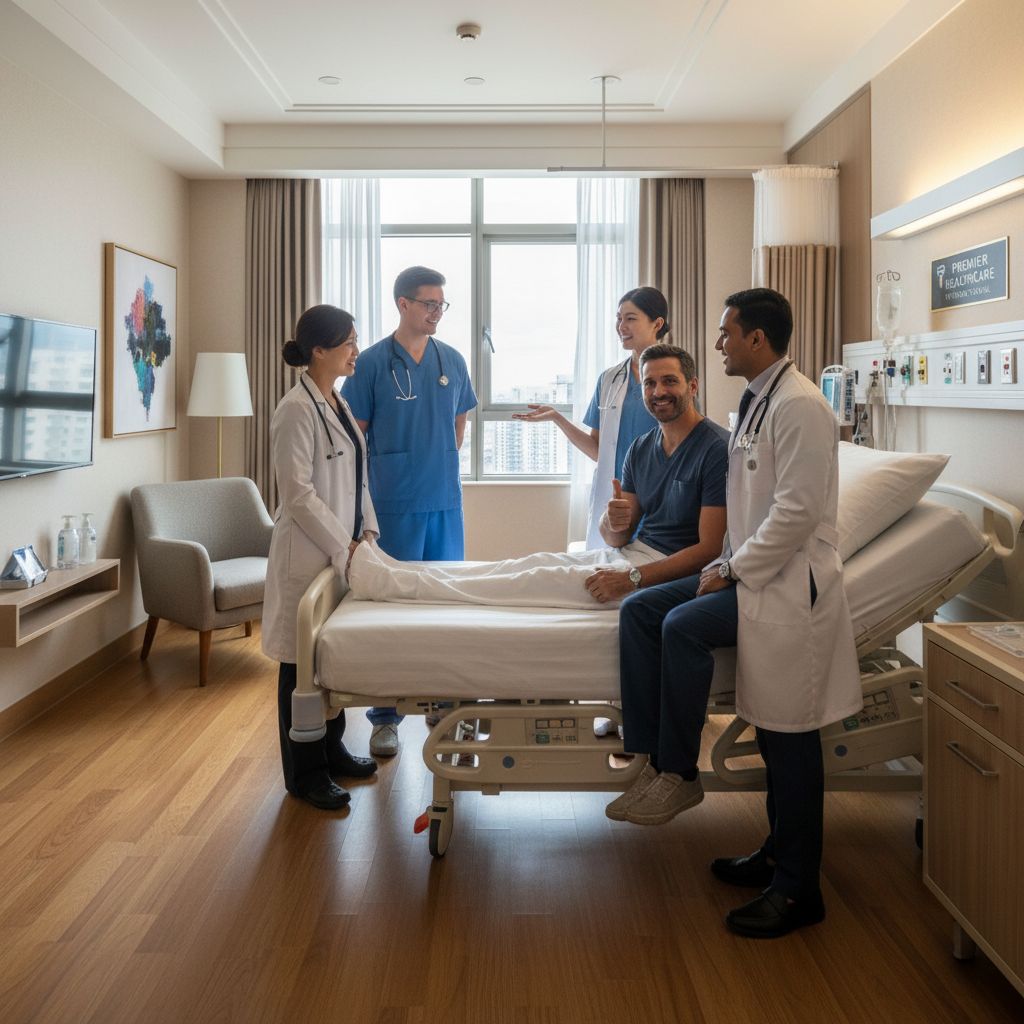 A diverse group of healthcare professionals (doctors, nurses) in a modern, clean hospital setting, smiling reassuringly at a happy expat patient, illustrating high-quality private healthcare services. Photorealistic.
