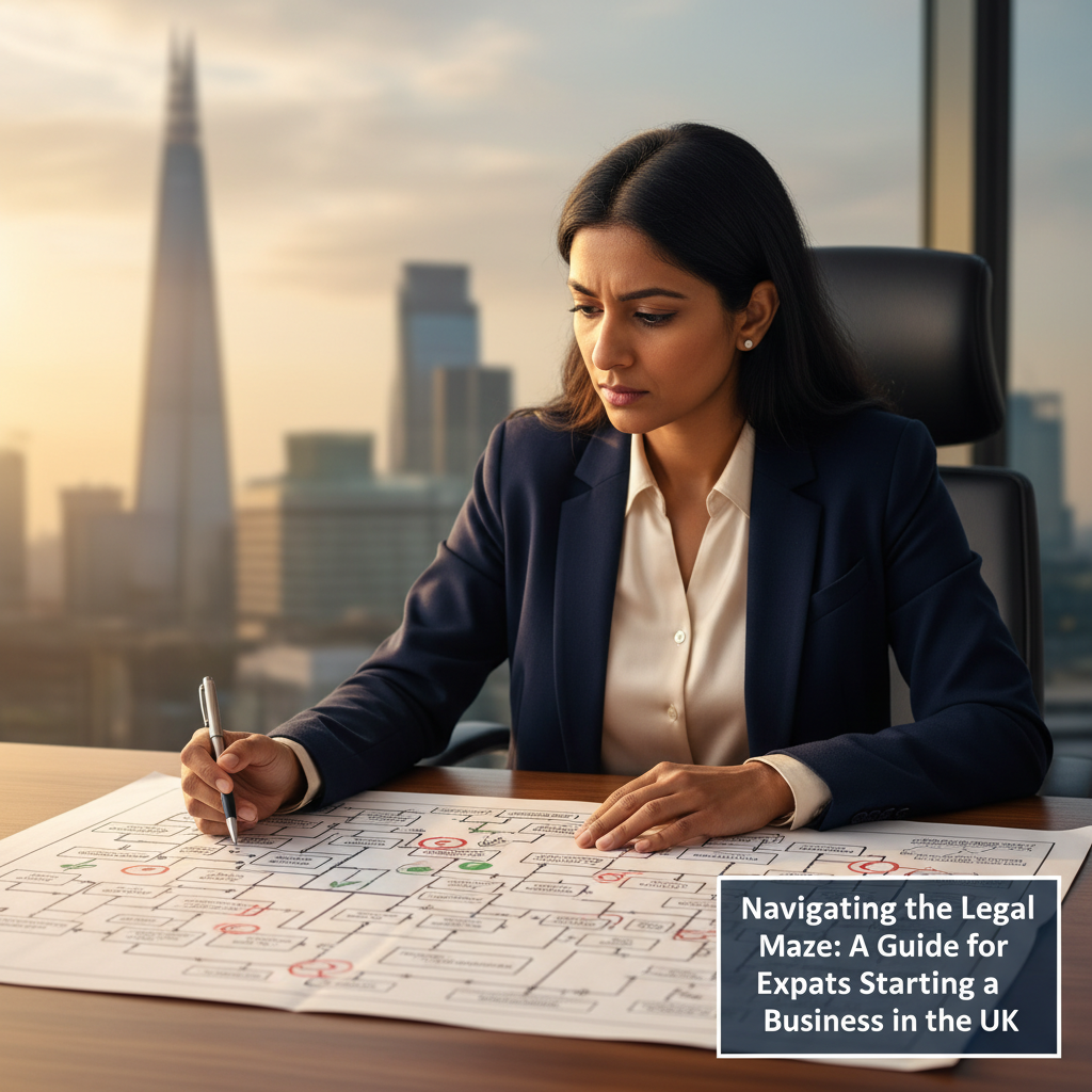 A determined expat entrepreneur, a person of South Asian descent in their 30s, looking thoughtfully at a complex flowchart diagram or a map filled with legal terms and arrows, with London's iconic skyline blurred in the background, representing the challenge of Navigating the Legal Maze: A Guide for Expats Starting a Business in the UK. Photorealistic, professional, warm lighting.