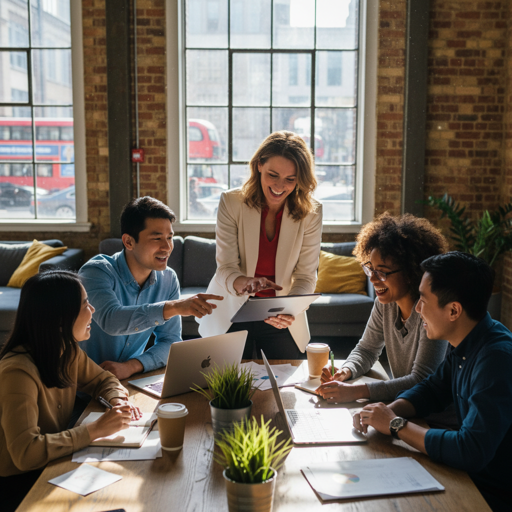 A diverse team of professionals, including an expat founder (a woman of European descent in her 40s), collaborating cheerfully in a modern, brightly lit co-working space in the UK. They are discussing business plans around a table with laptops and documents, symbolizing successful integration and growth for an expat business in the UK. Photorealistic, vibrant, collaborative atmosphere.