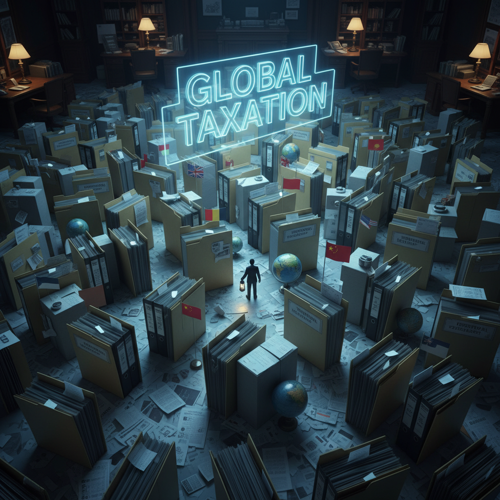 A detailed, photorealistic image of a complex financial maze with stacks of paperwork and a tiny figure of a person trying to find their way through, symbolizing the challenge of international taxation. The setting is a dimly lit office with a subtle blue filter.