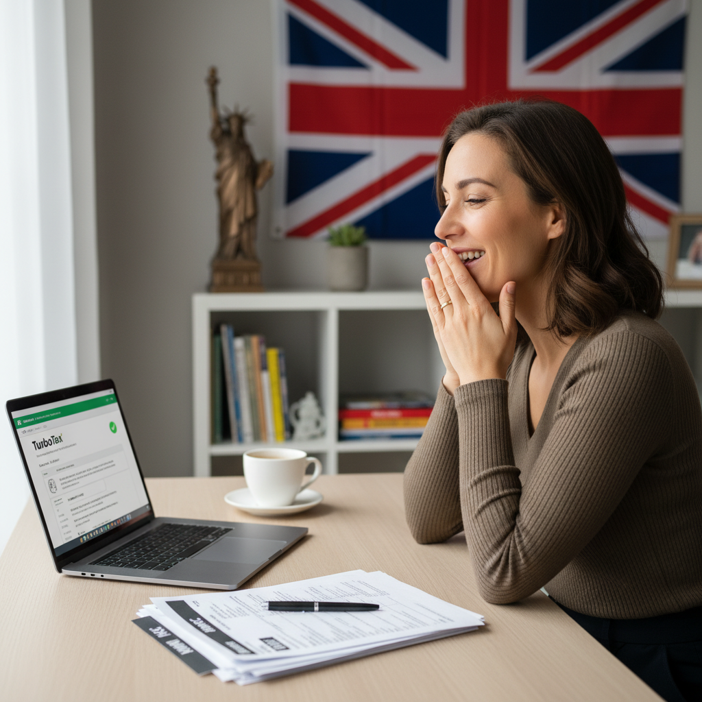 A photorealistic image of a US expat smiling and looking relieved, sitting at a modern desk with a laptop and organized paperwork, having successfully navigated their taxes. A British flag and a small Statue of Liberty figurine are subtly in the background.