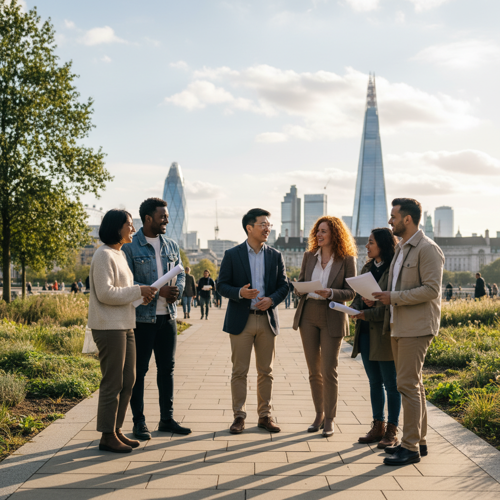 A diverse group of smiling expats from different backgrounds, casually chatting in a modern, well-lit UK city park, with iconic London landmarks visible in the soft-focus background. They are holding papers and looking relaxed and engaged in conversation.
