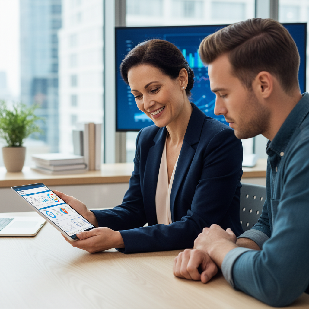 A friendly, professional female accountant in her 40s, with a warm smile, is sitting at a modern office desk, patiently explaining tax documents on a tablet to a younger, attentive male expat in his 30s. They are in a well-lit, clean office environment with some financial charts faintly visible on a screen in the background. The atmosphere is calm and reassuring.
