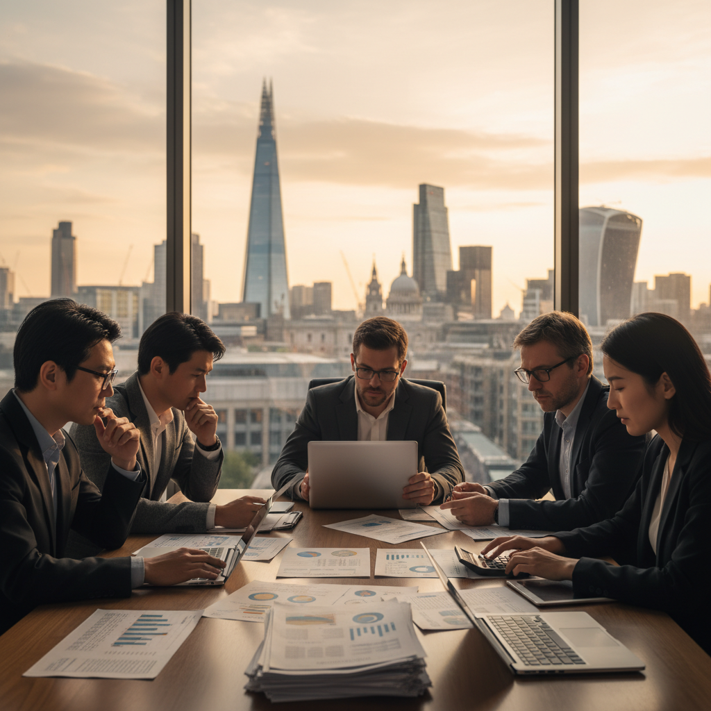 A diverse group of expat individuals looking thoughtful while reviewing complex tax documents and financial statements, with the iconic London skyline subtly in the background, illuminated by a warm evening light, ultra-realistic photography