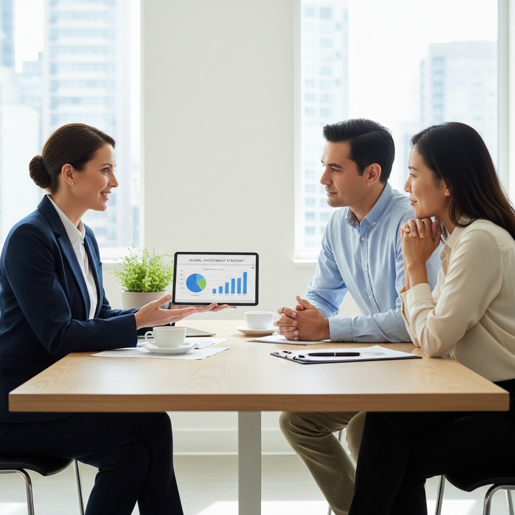 A professional and friendly financial advisor in a modern, bright office setting, actively engaging in a conversation with an expat couple, pointing to a tablet screen displaying a financial plan, conveying trust and expertise, high-resolution photo