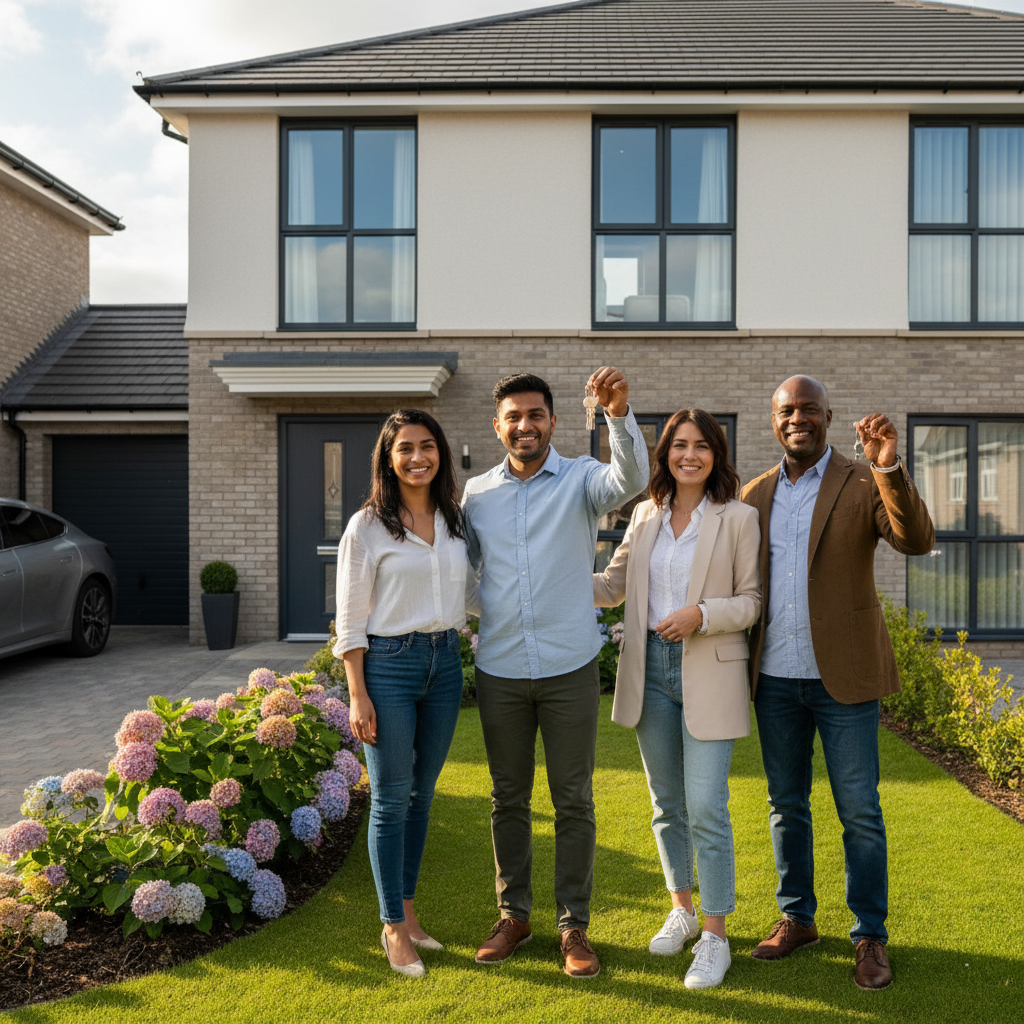 A diverse group of expats, smiling and looking confident, standing in front of a modern, inviting house in a British suburban setting, holding house keys. The lighting is warm and optimistic, suggesting success and new beginnings.
