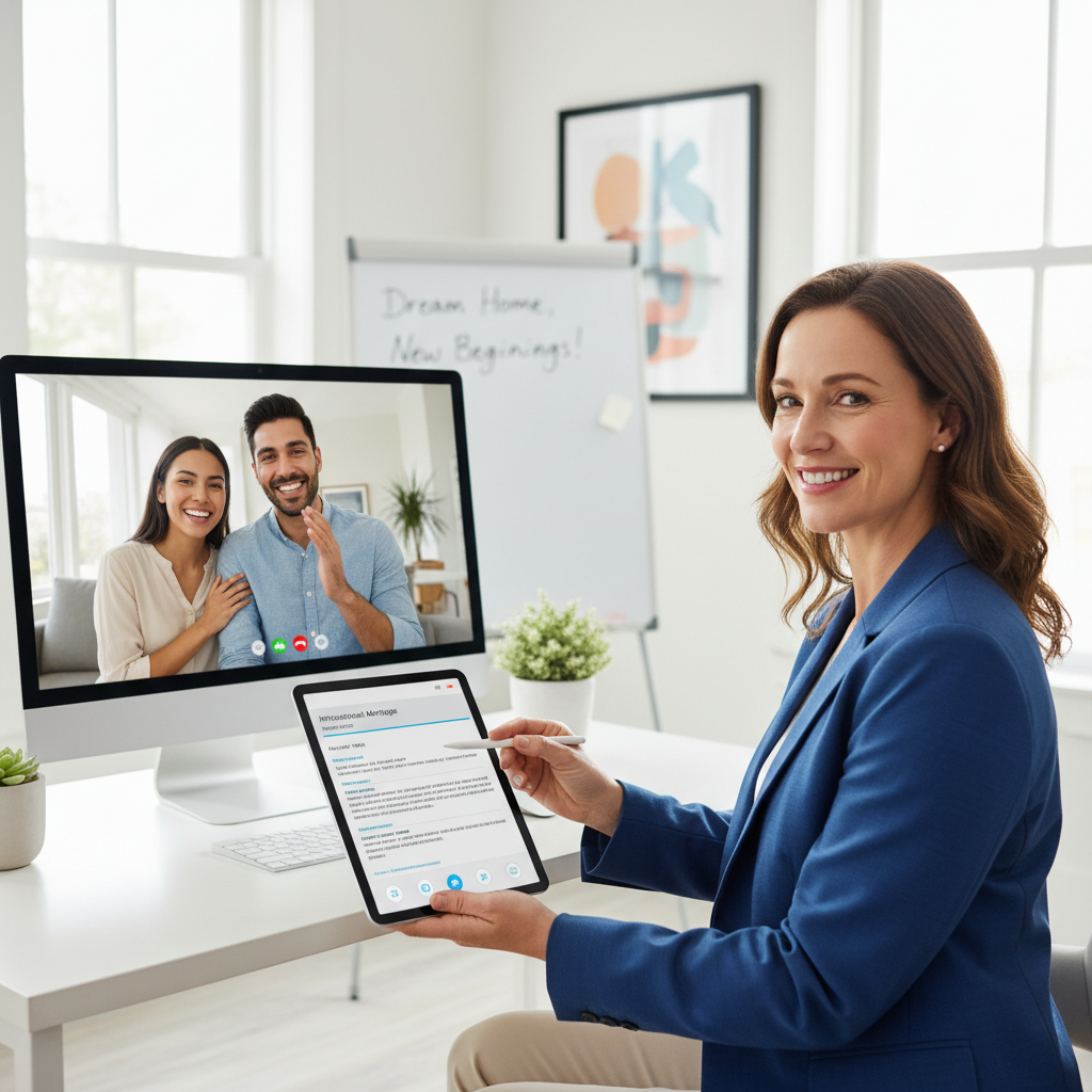A professional, friendly mortgage broker is consulting with a happy expat couple via video call, pointing to a document on a tablet. The background shows a bright, modern home office. The mood is collaborative and supportive.