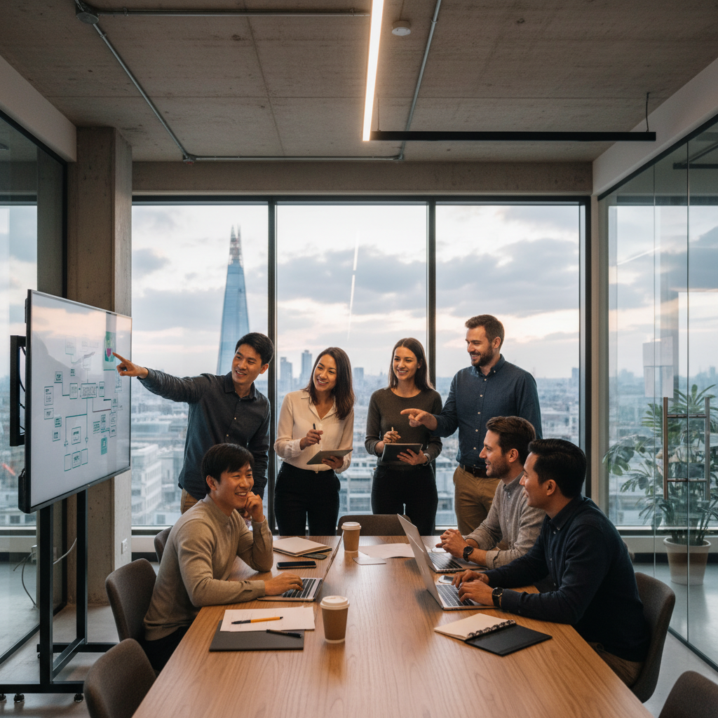 A diverse group of expat entrepreneurs collaborating enthusiastically in a modern, bright co-working space in London, brainstorming ideas on a large monitor, with a blurred backdrop of the city's iconic skyline through a window. The atmosphere is vibrant and optimistic, photorealistic.