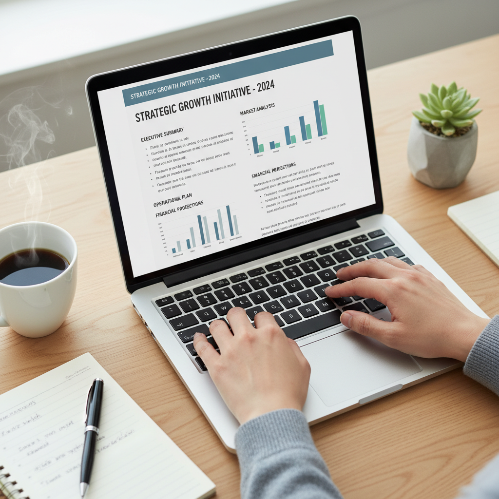 A close-up, top-down shot of a person's hands diligently typing on a sleek laptop, displaying a professional, well-structured business plan document on the screen. There's a neatly organized desk with a cup of coffee, a notebook, and a pen, suggesting focused work and preparation, photorealistic.