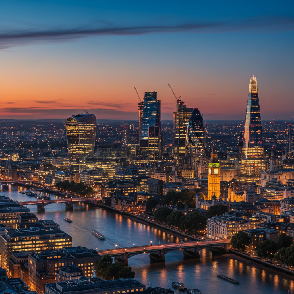 A wide shot of the iconic London skyline at dusk, with modern skyscrapers and historic buildings reflecting city lights, symbolizing economic strength and opportunity. Photorealistic, high detail, vibrant colors.