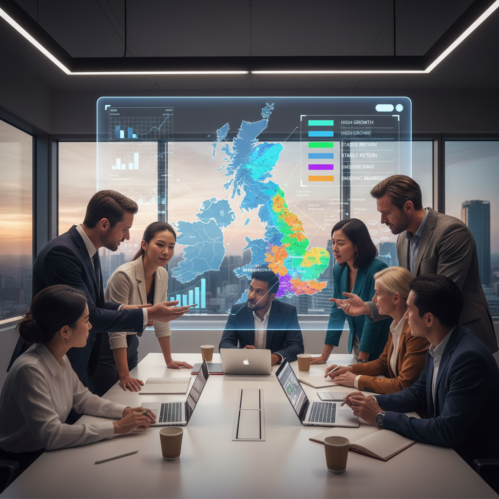 A diverse group of people from different nationalities looking at a digital map of the UK property market, with various regions highlighted in different colors, representing investment opportunities. The scene should be modern and collaborative, with laptops and tablets visible.
