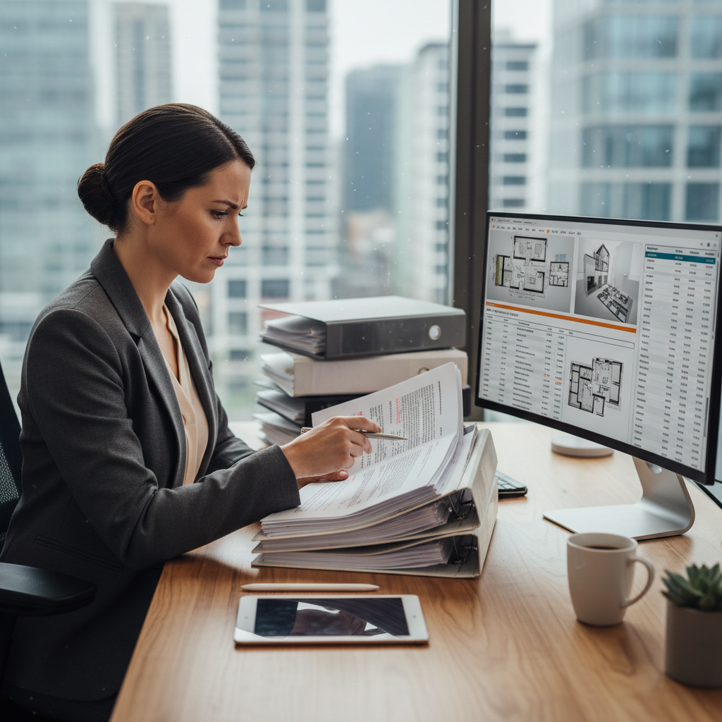 A professional property solicitor in a modern office, reviewing legal documents related to a property sale. There are intricate legal papers and a computer screen showing property details, with a sense of meticulous attention to detail.